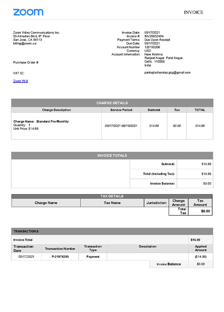 USA Zoom invoice template PSD template
